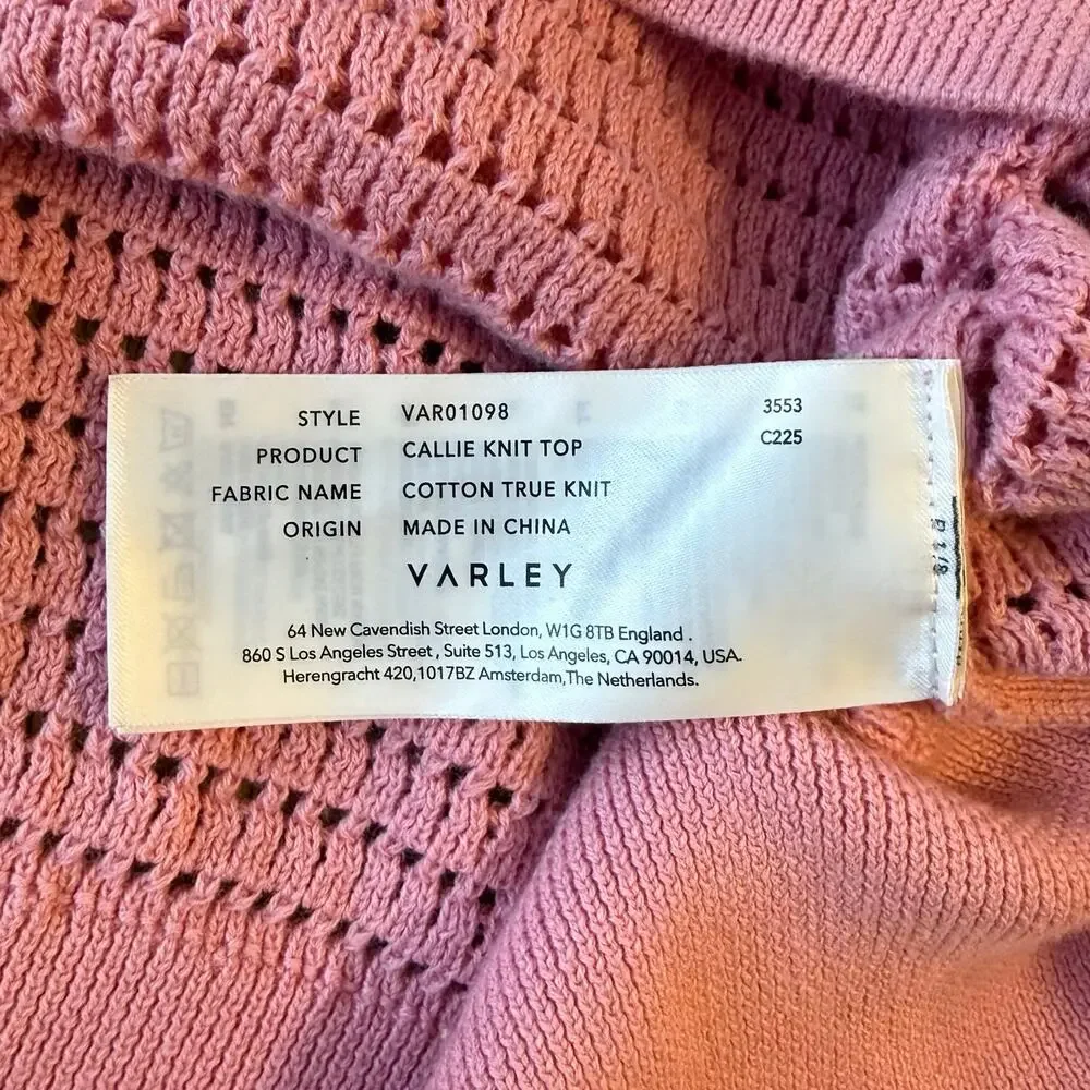 Varley Callie Open-Knit Cotton Top Short Sleeve Button Summer Pink Women’s Small - Picture 7 of 10